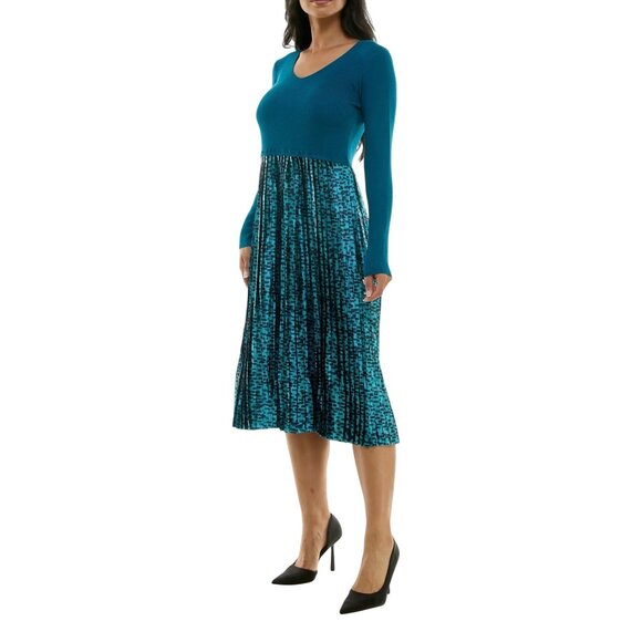 Nina Leonard Womens Long Sleeve Mixed Media Dress Teal Multi Size Small - Picture 13 of 15
